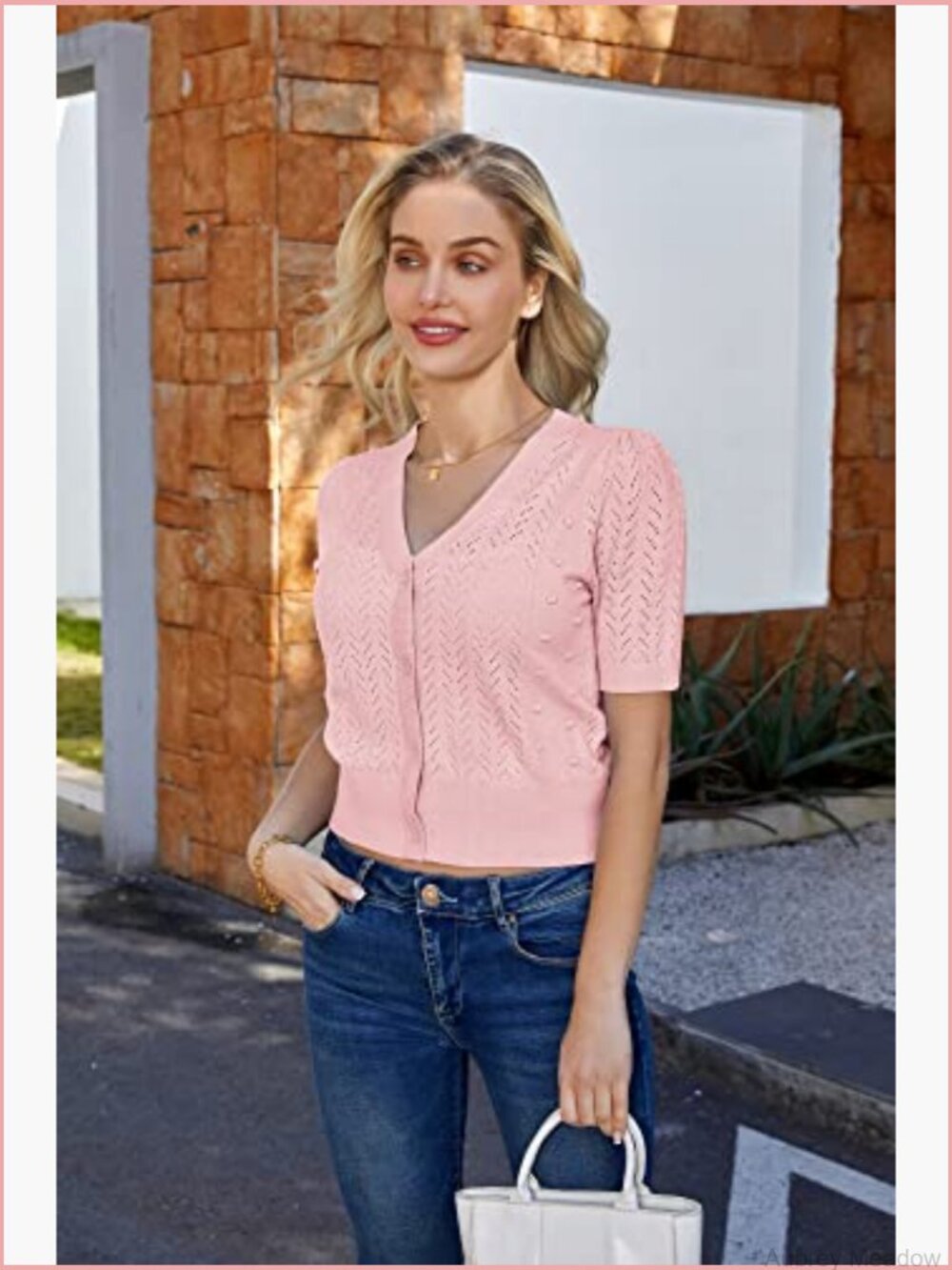 Cropped Cardigan Sweater Short Sleeve Crochet Knit Bolero Shrug V-Neck Button Up - Picture 3 of 6